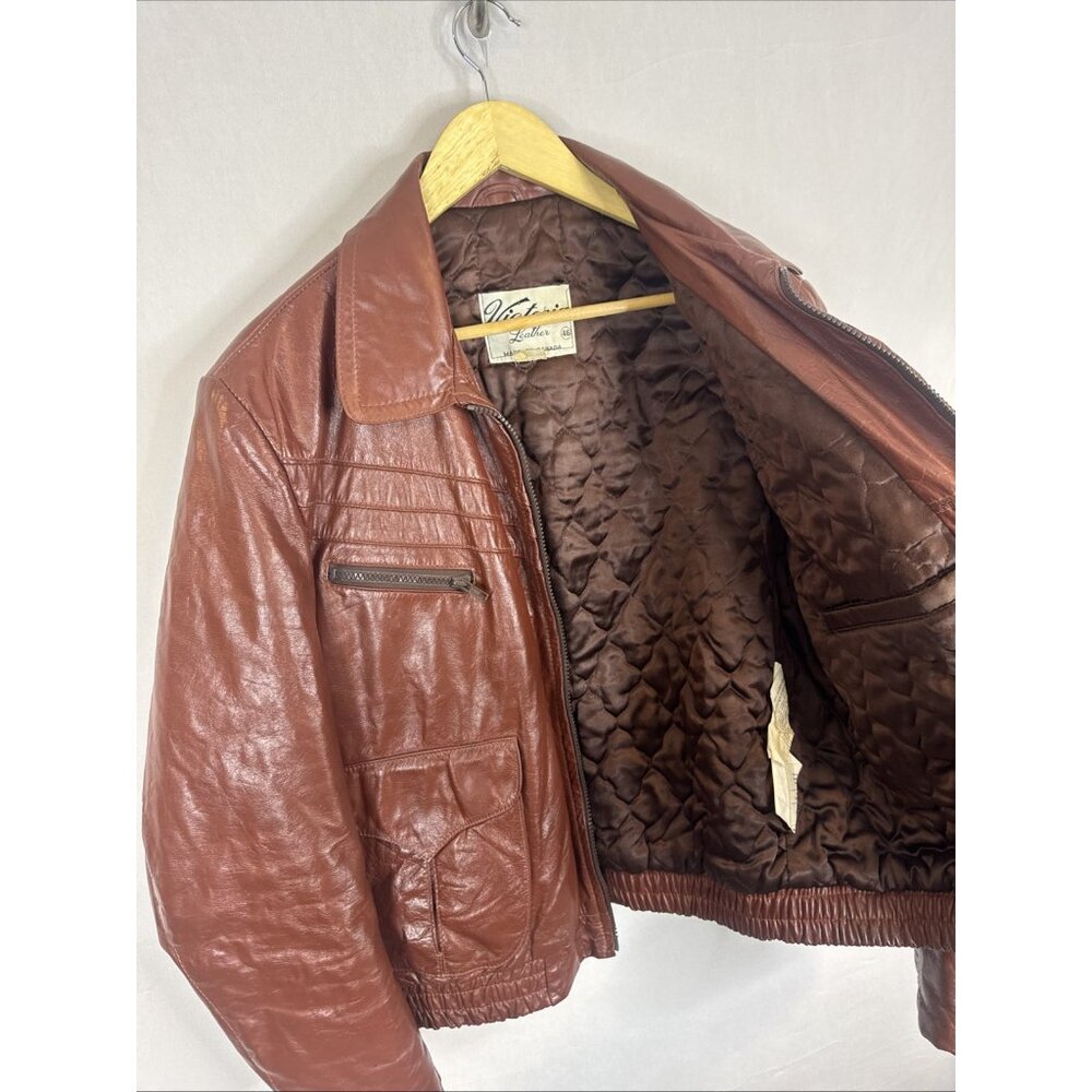 Victoria Leather Vintage Cafe Racer Jacket‎ Men 46 Brown Canada Quilted 70s - Picture 5 of 8